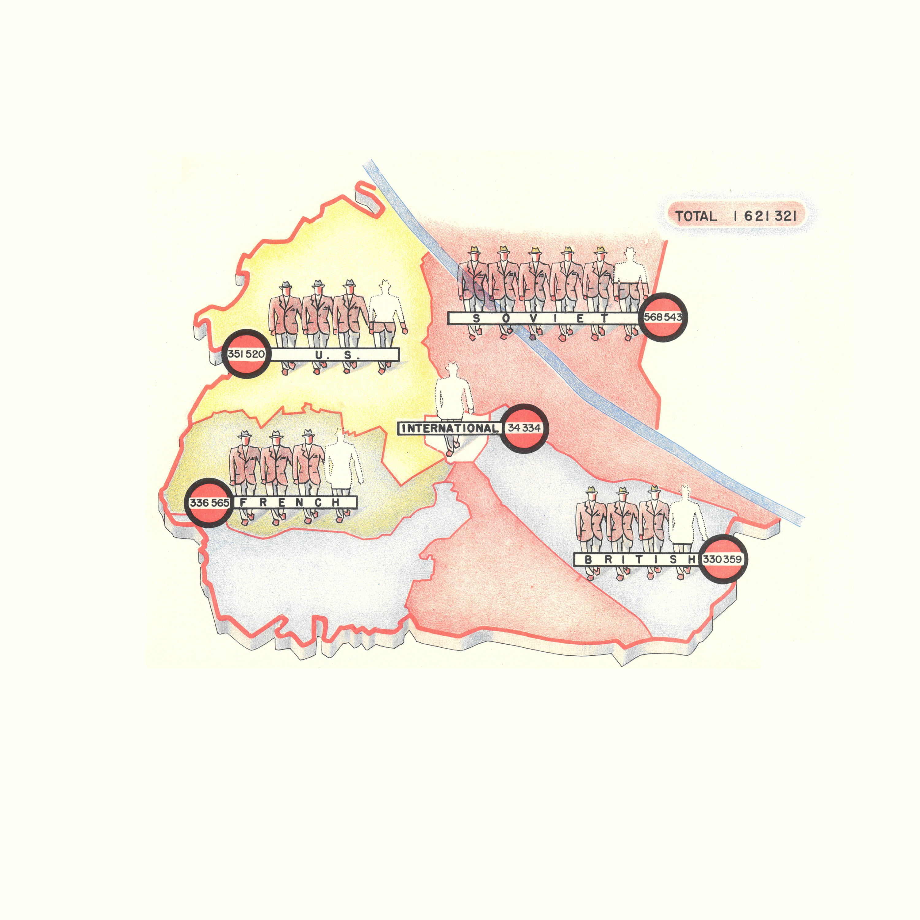 Eine schematische Karte von Wien nach dem Zweiten Weltkrieg, aufgeteilt in die Besatzungszonen der Alliierten.