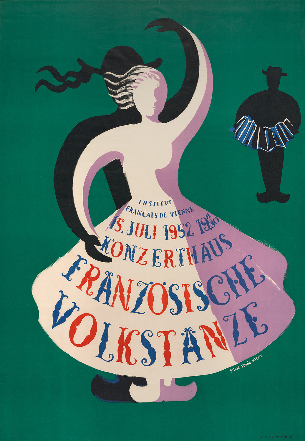 Plakat für die Veranstaltung „Französische Volkstänze“. Stilisierte tanzende Frau im Kleid, begleitet von stilisierter männlicher Figur und Akkordeonspieler, auf grünem Hintergrund.