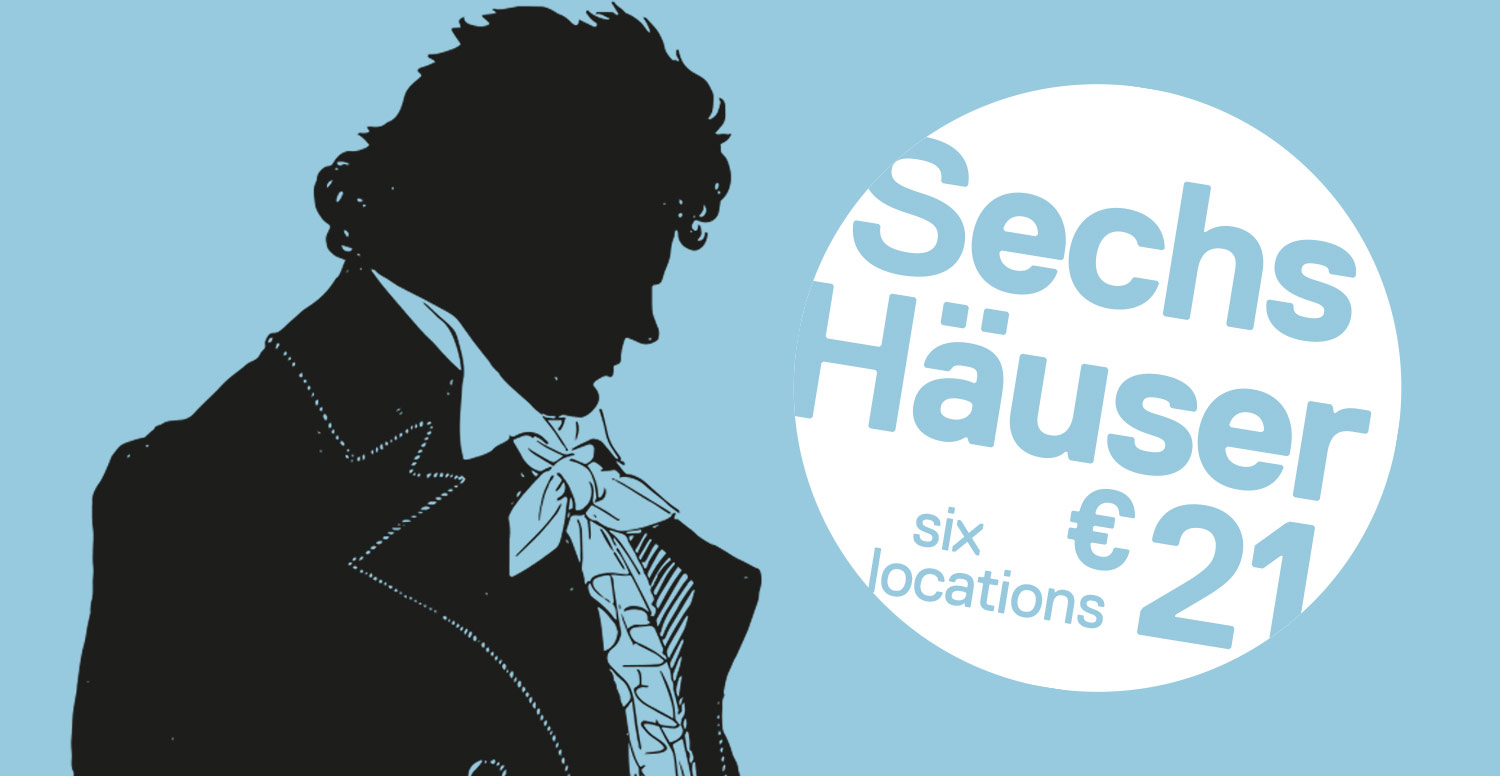 Beethoven-Silhouette und Text „Sechs Häuser, €21“